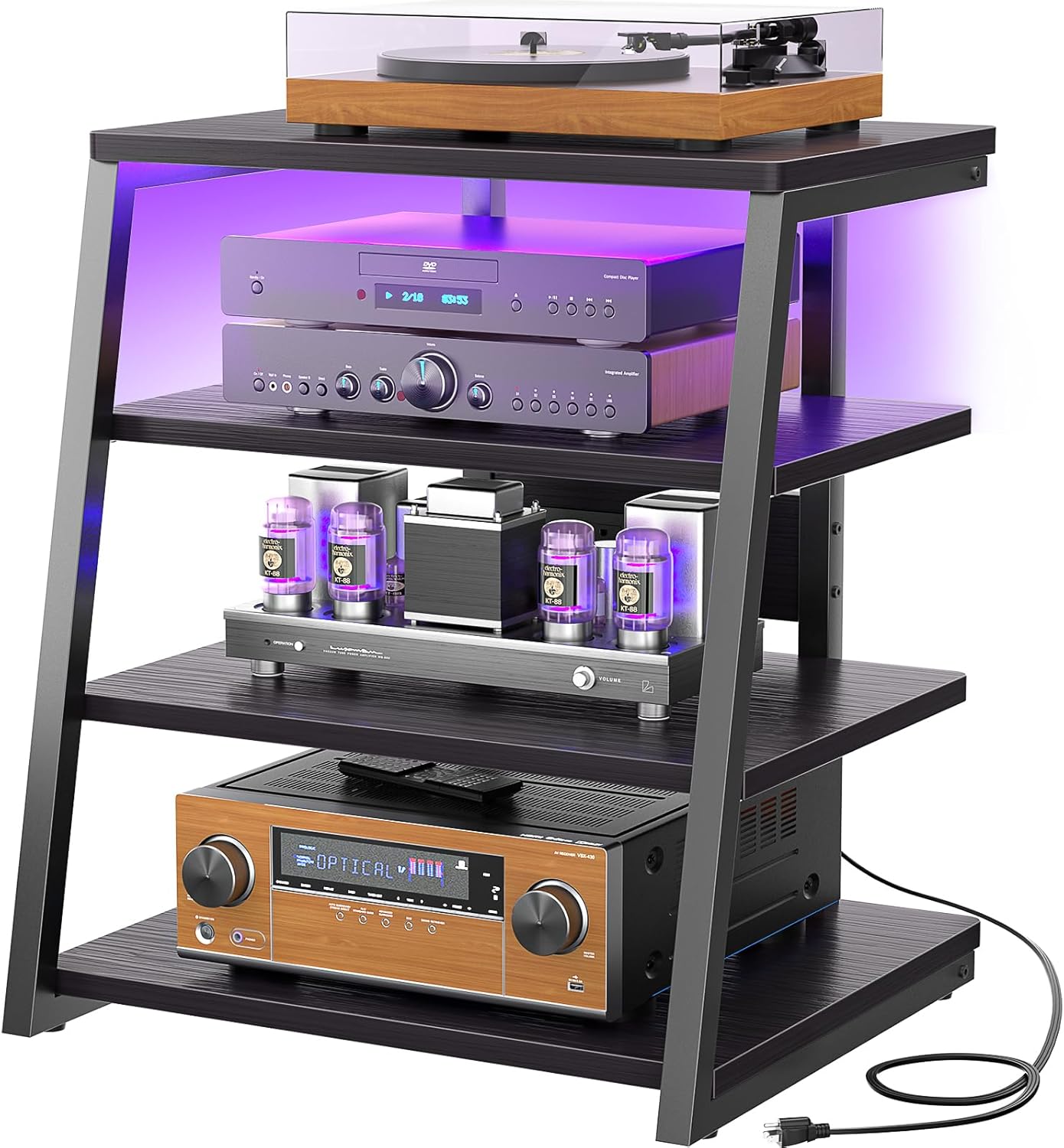 Armocity 4-Tier AV Media Stand with Power Strips, Stereo Stand with LED Lights, Rack Audio Tower with Adjustable Shelves, Small Entertainment Center, 30”, Black Ebony